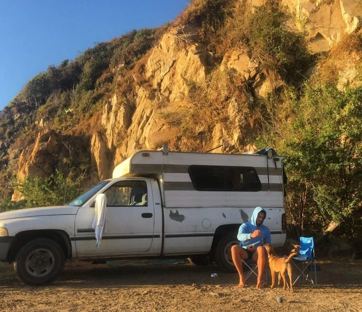 Campervan on the beach with a dog